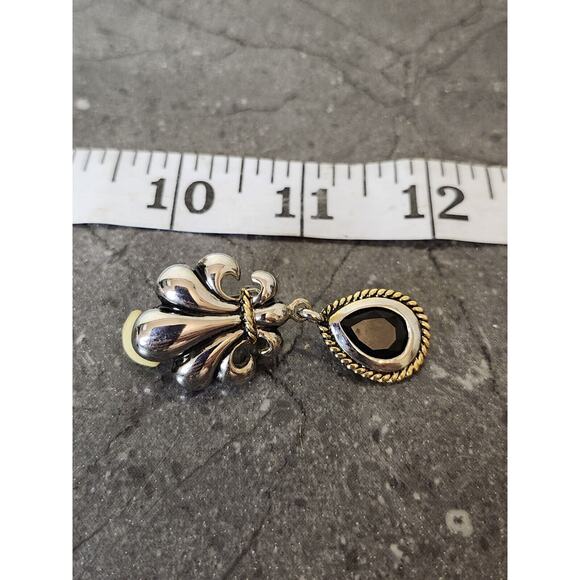 Silver Tone Black Onyx Dangle Earrings Fleur de Lis - Picture 3 of 5